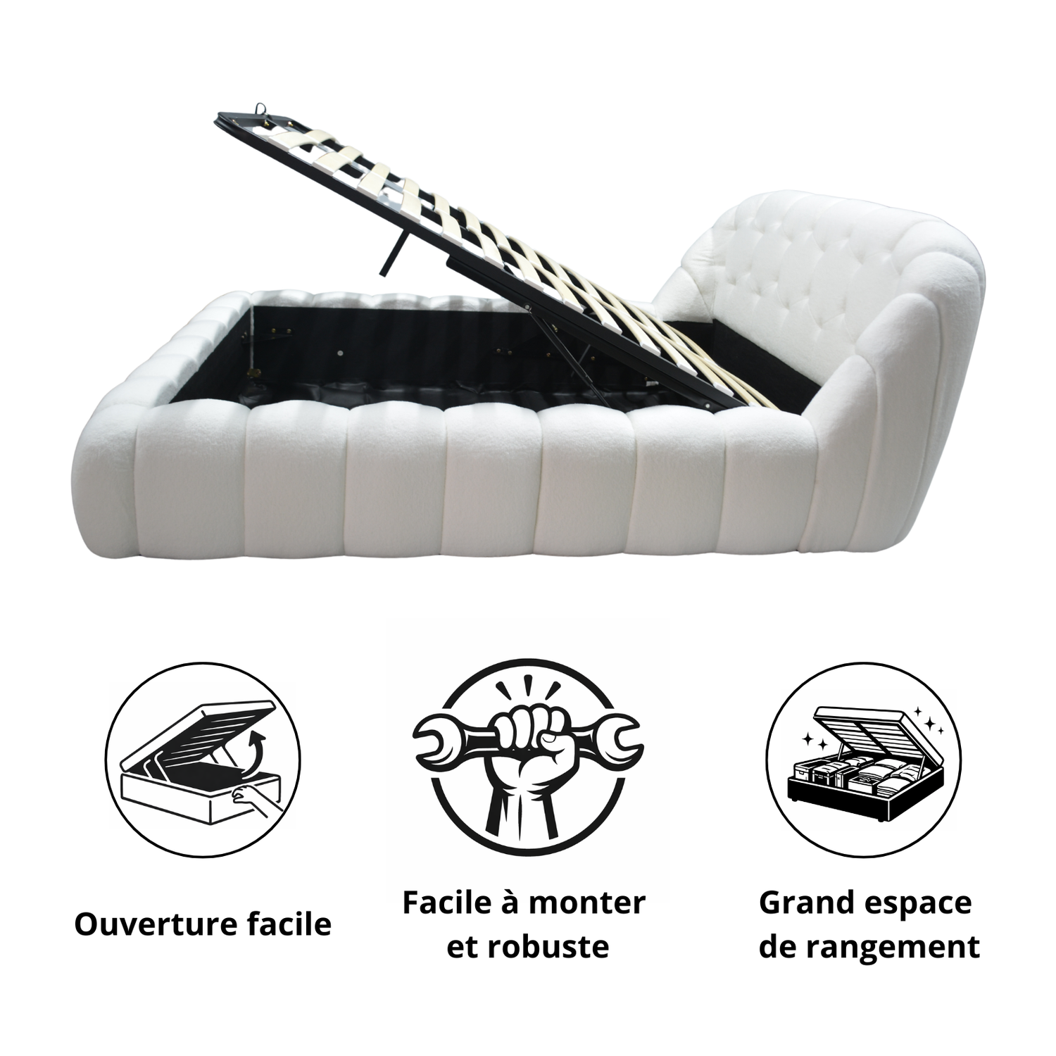 Lit coffre Bubble, tête de lit, grand espace de stockage, bouclette - Collection Bubble