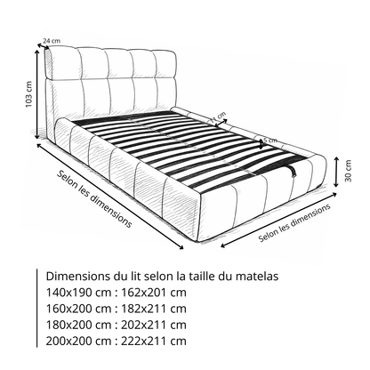 Lit coffre Aneto, tête de lit, grand espace de stockage, tissu chenille - Collection Aneto