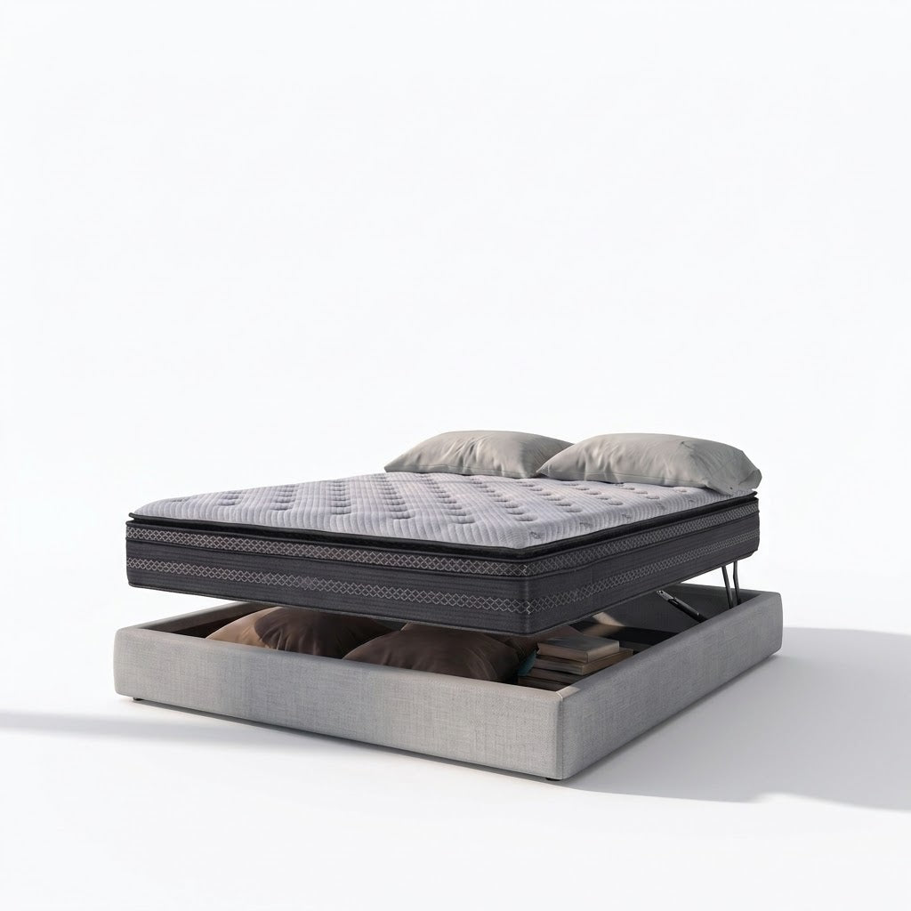 Ensemble lit coffre parallèle et matelas hybride - Collection Tissu