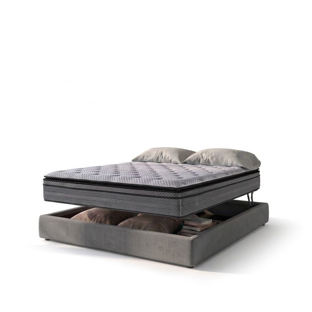 Ensemble lit coffre parallèle et matelas hybride - Collection Tissu