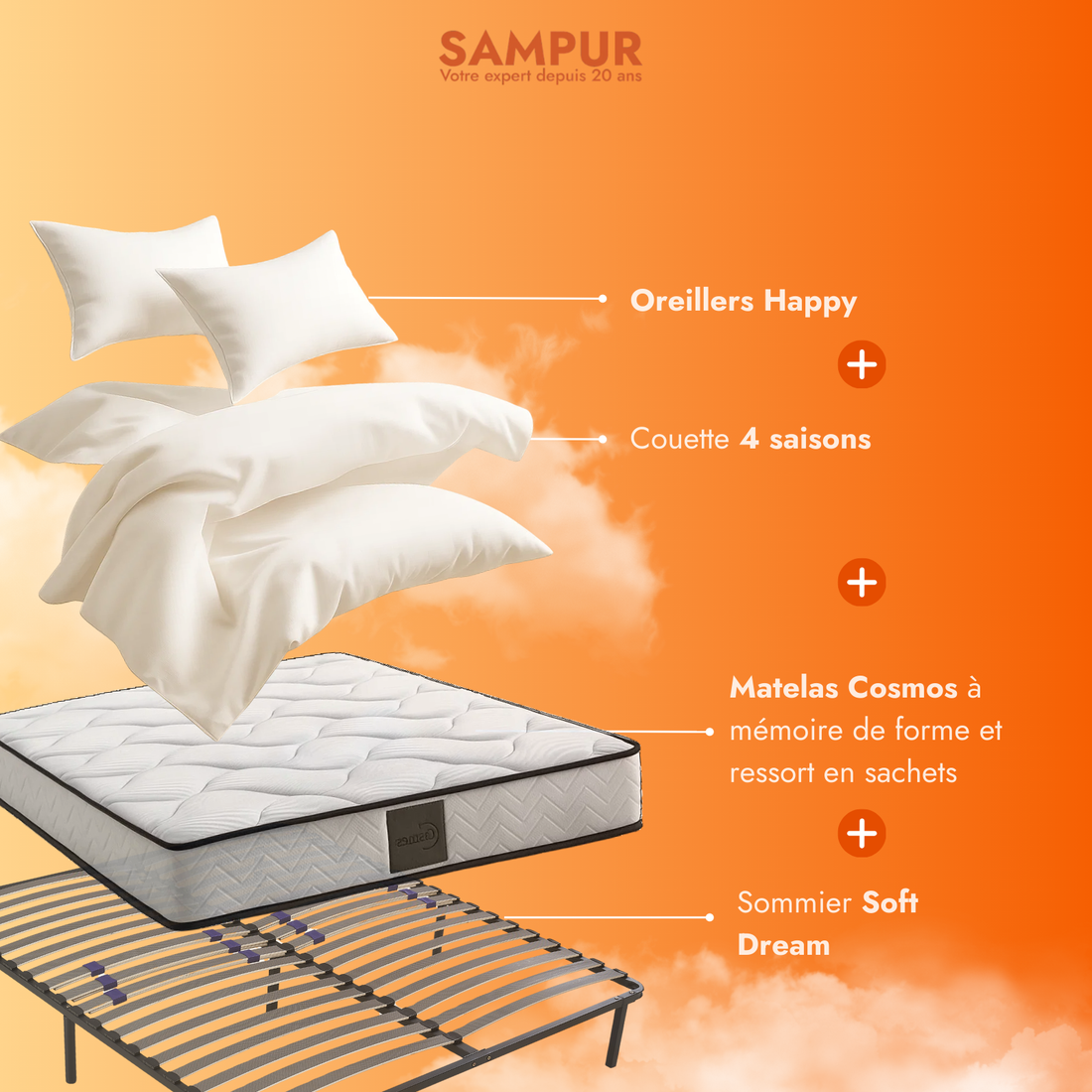 Pack Rentrée : Sommier + Matelas + Couette + Oreiller