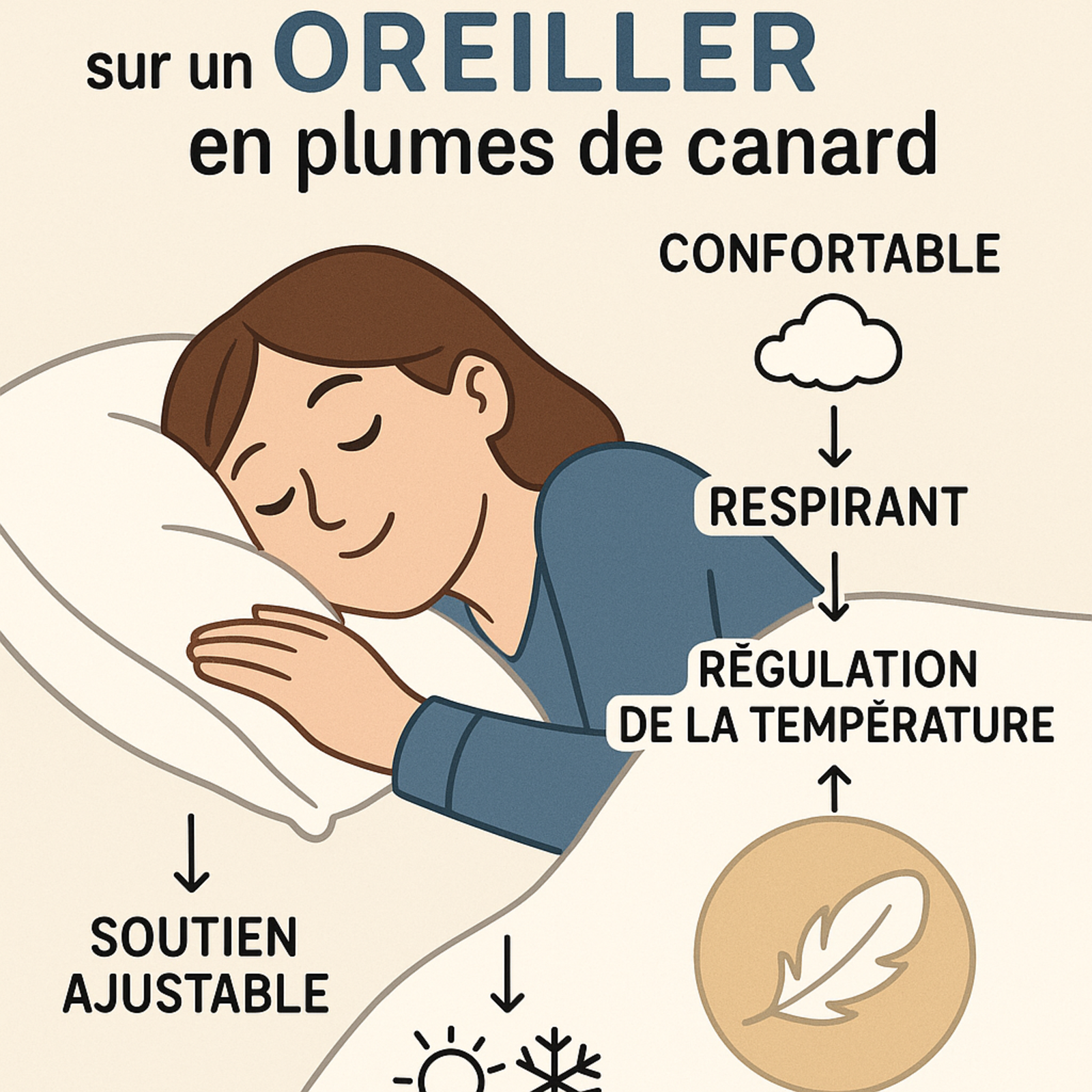 Oreiller plume de canard, coutil coton, ergonomique - Collection Luxe