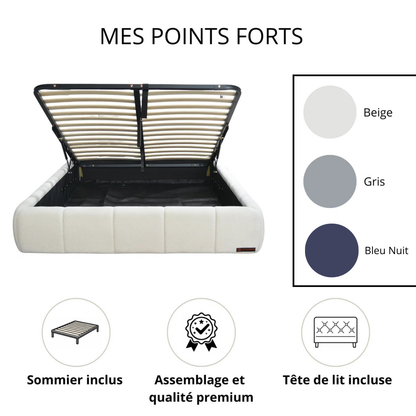 Lit coffre Aneto, tête de lit, grand espace de stockage, tissu chenille - Collection Aneto