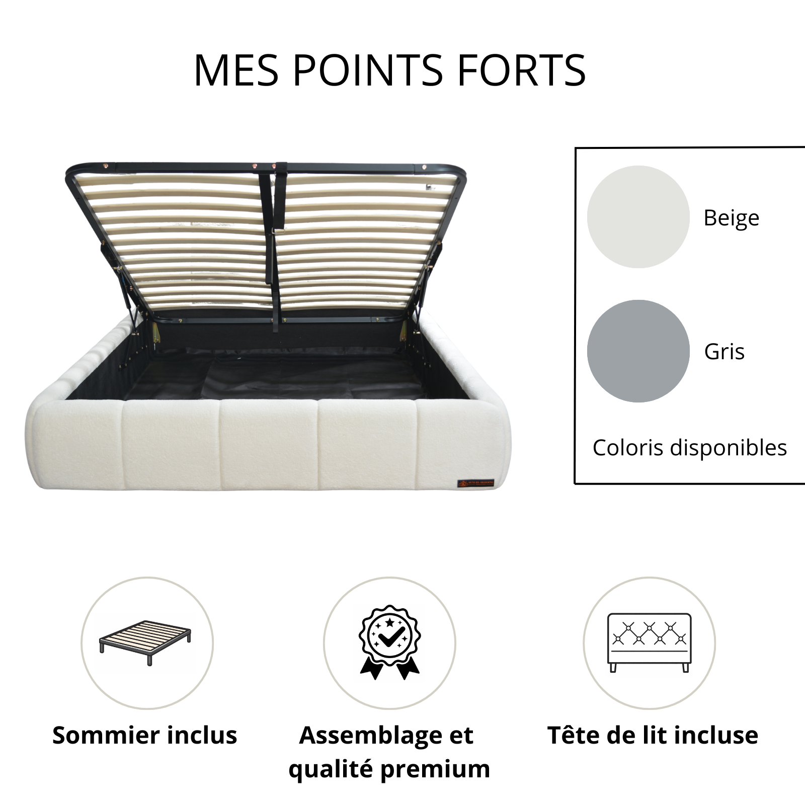 Lit coffre Aneto, tête de lit, grand espace de stockage, tissu chenille - Collection Aneto