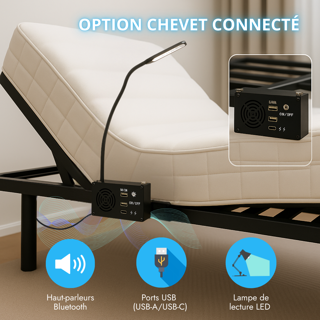 Chevet connecté avec USB, enceinte et lumière
