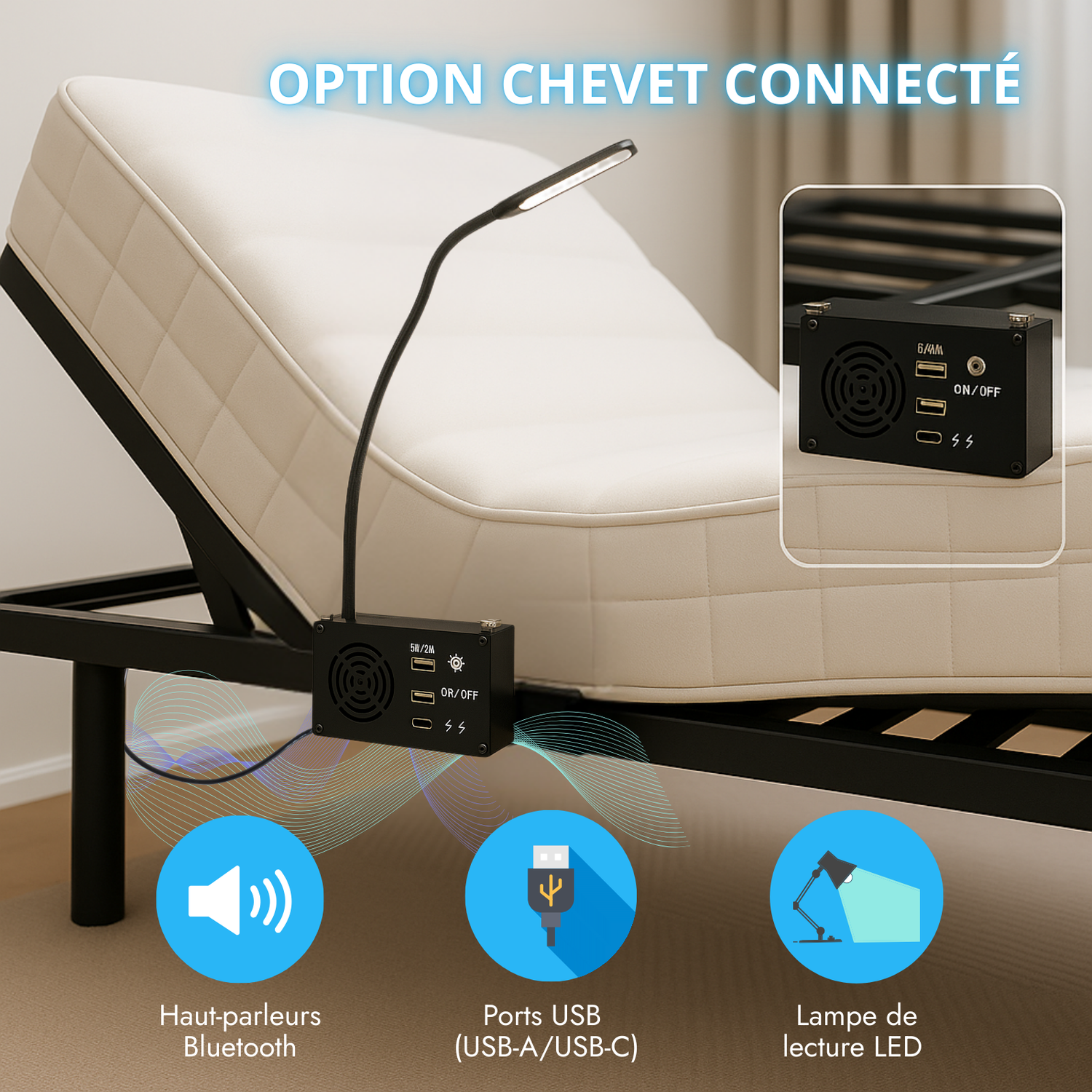 Pack lit électrique orthopédique à lattes en tissu gris clair  Orthoflex : matelas inclus