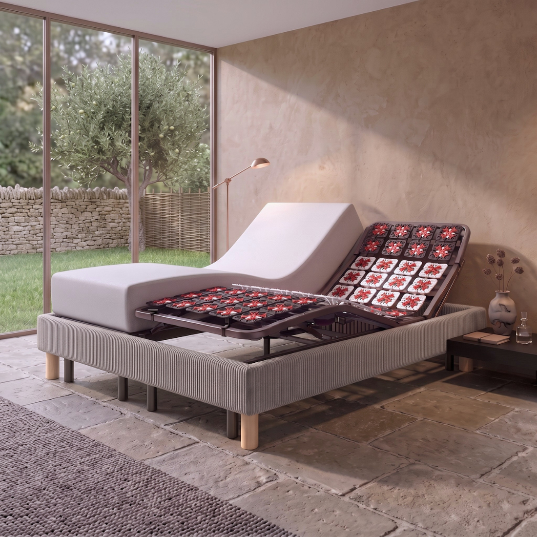Pack lit électrique orthopédique, velours côtelé gris, matelas inclus - Collection Technoflex