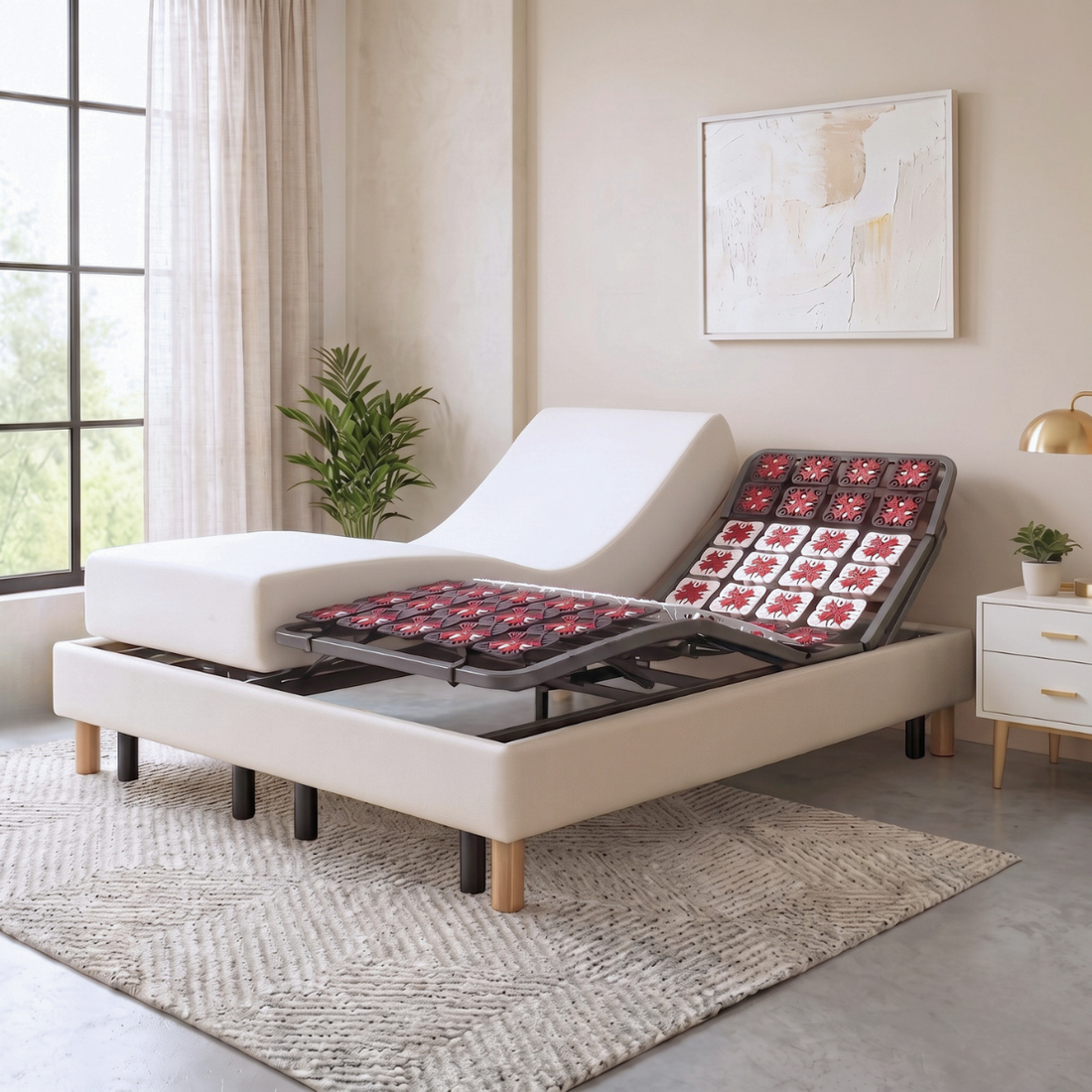 Pack lit électrique orthopédique, simili cuir blanc, matelas inclus - Collection Technoflex