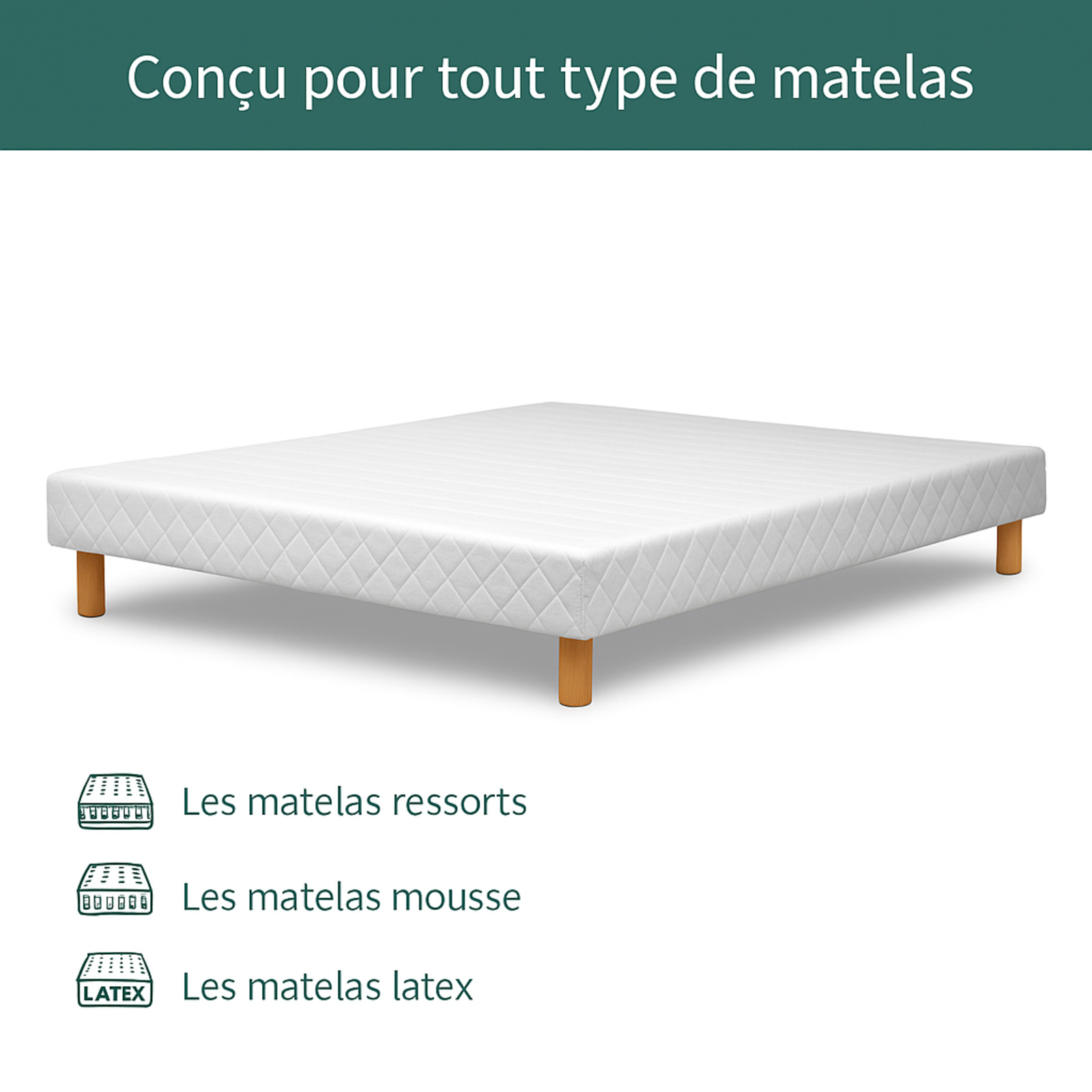 Sommier tapissier, contour tissu, structure bois, lattes flexibles - Collection Confort