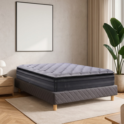 Ensemble sommier tapissier gris et matelas hybride double surmatelas - Collection Tapissier