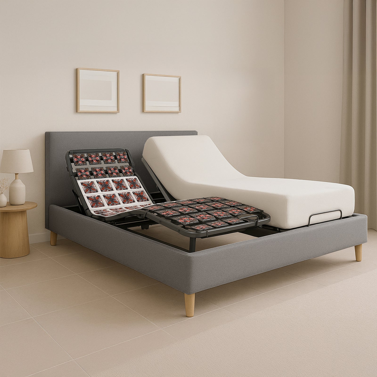 Pack lit électrique orthopédique, tissu gris clair, matelas inclus - Collection Technoflex