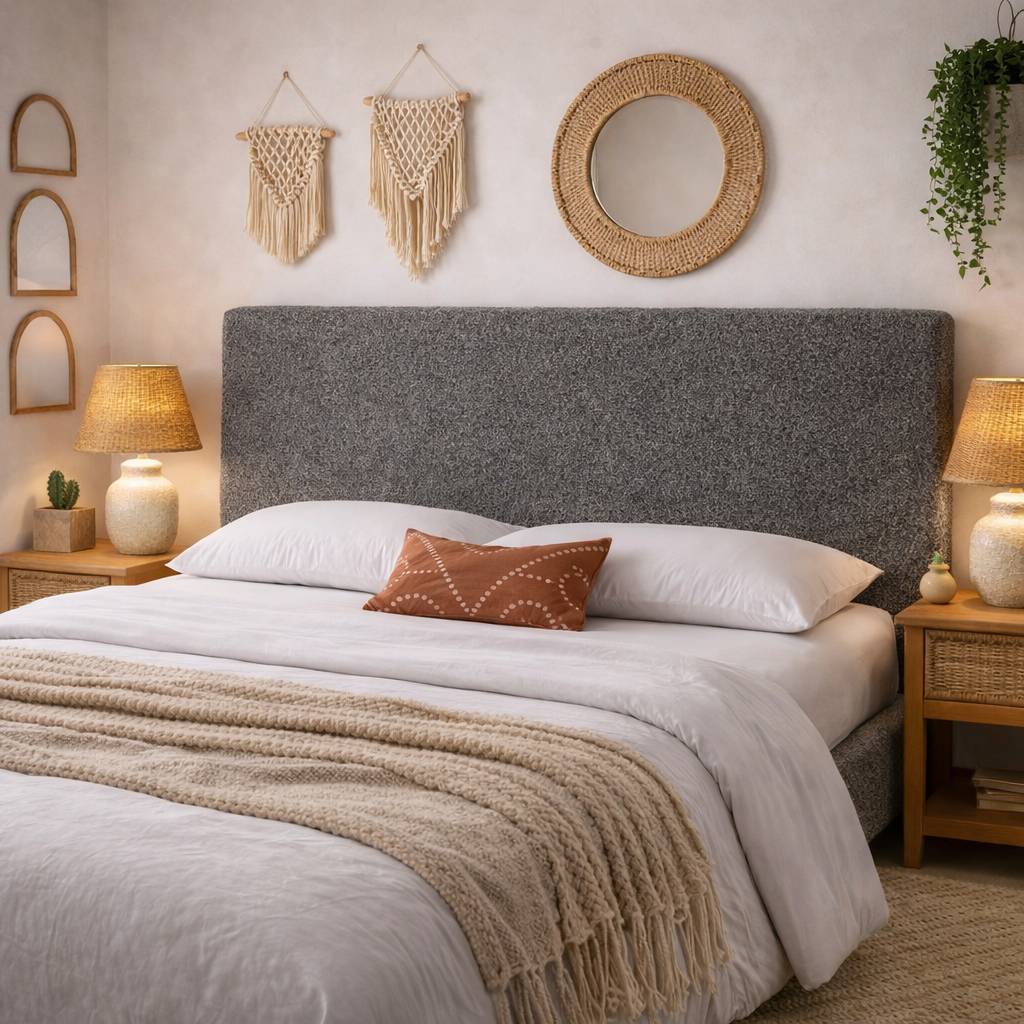 Tête de lit avec housse bouclette grise