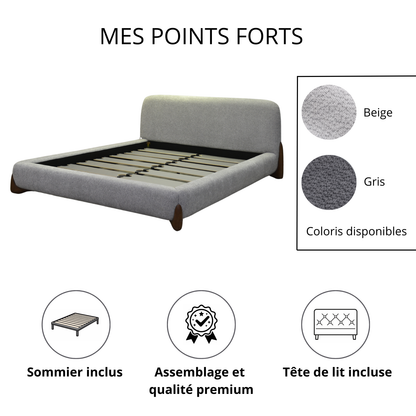 Lit en tissu feutrine avec lattes massives et tête de lit - Collection Capucine