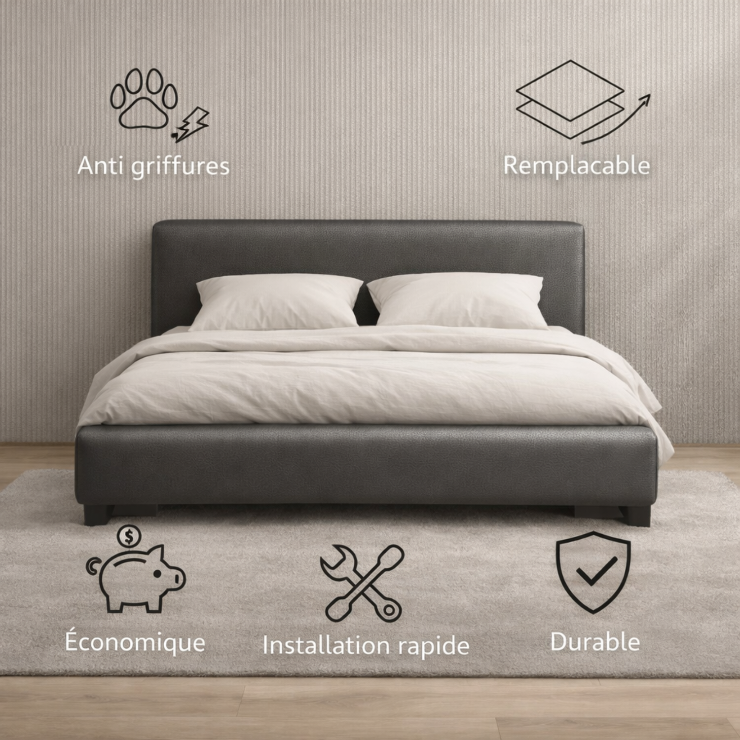 Tête de lit avec housse simili cuir gris