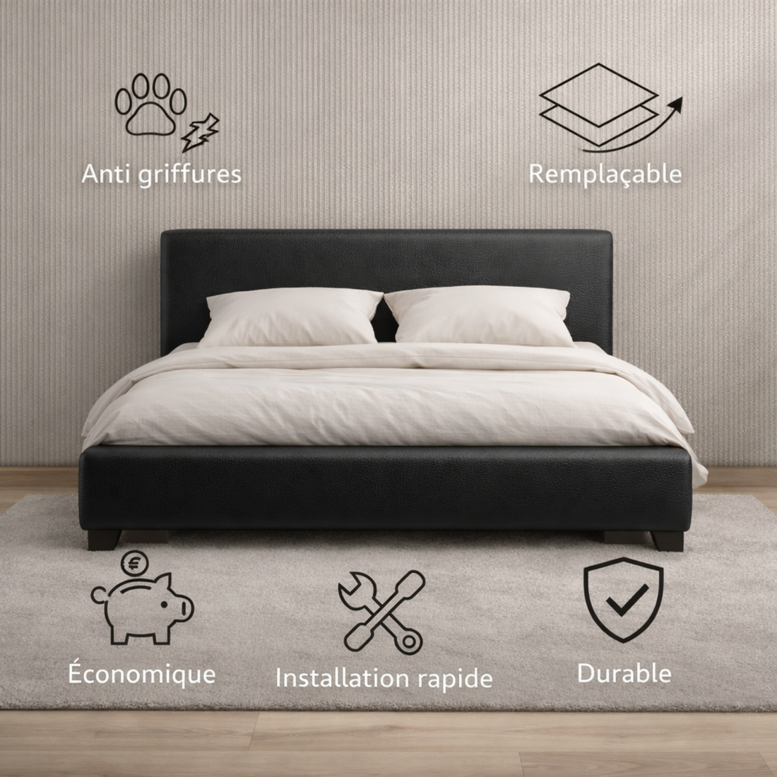 Tête de lit avec housse simili cuir noir