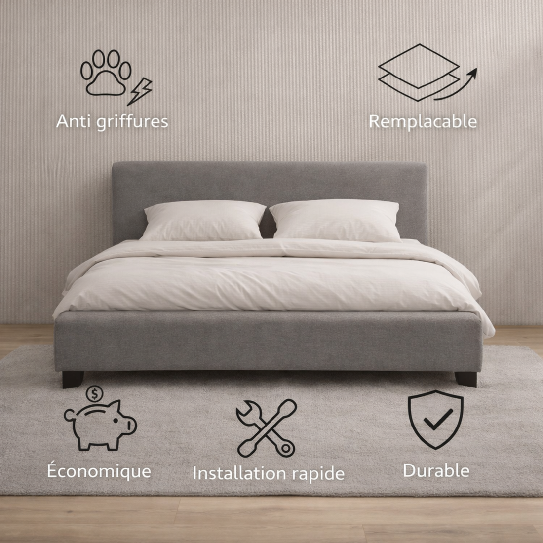 Tête de lit avec housse tissu gris clair