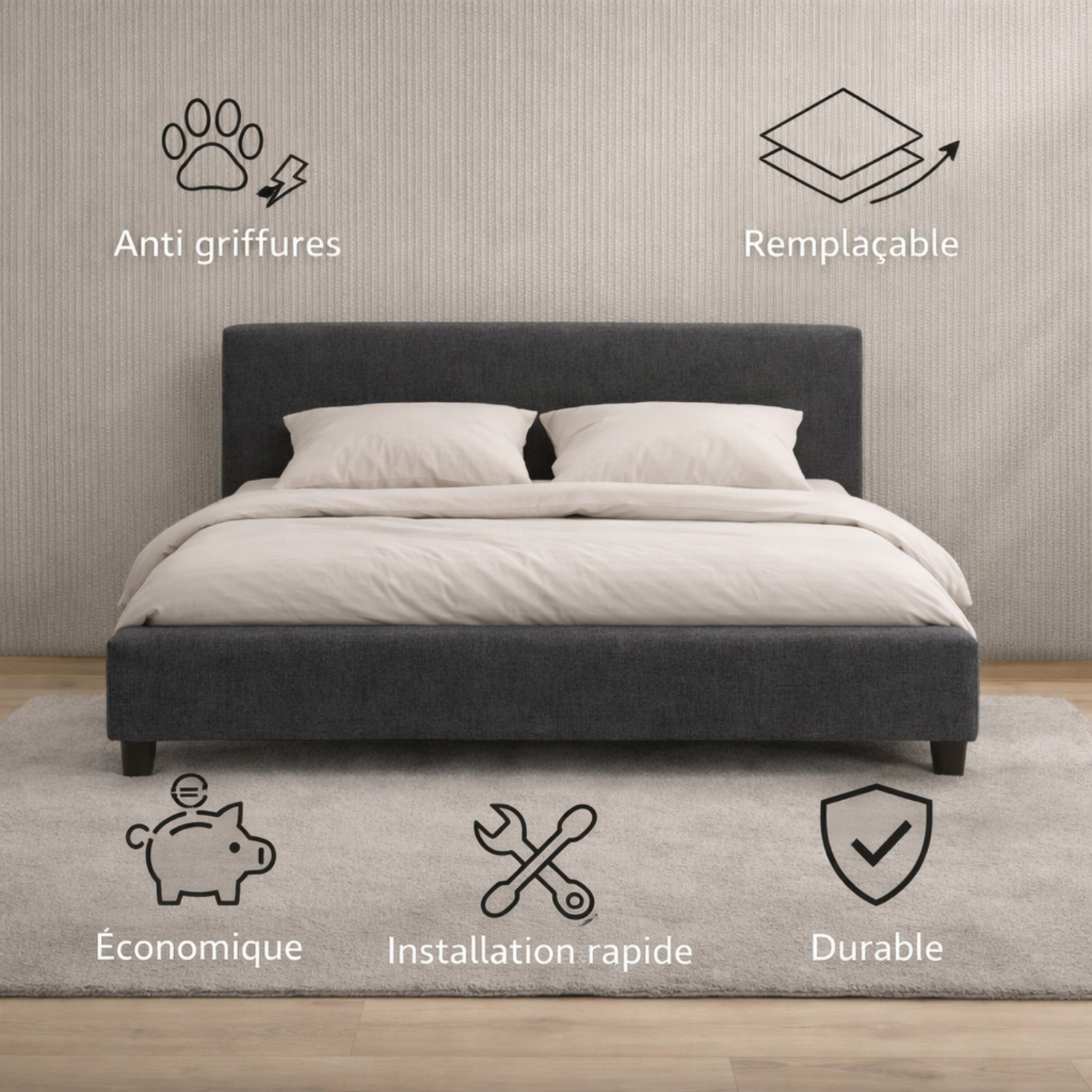 Housse structure lit fixe tissu gris foncé