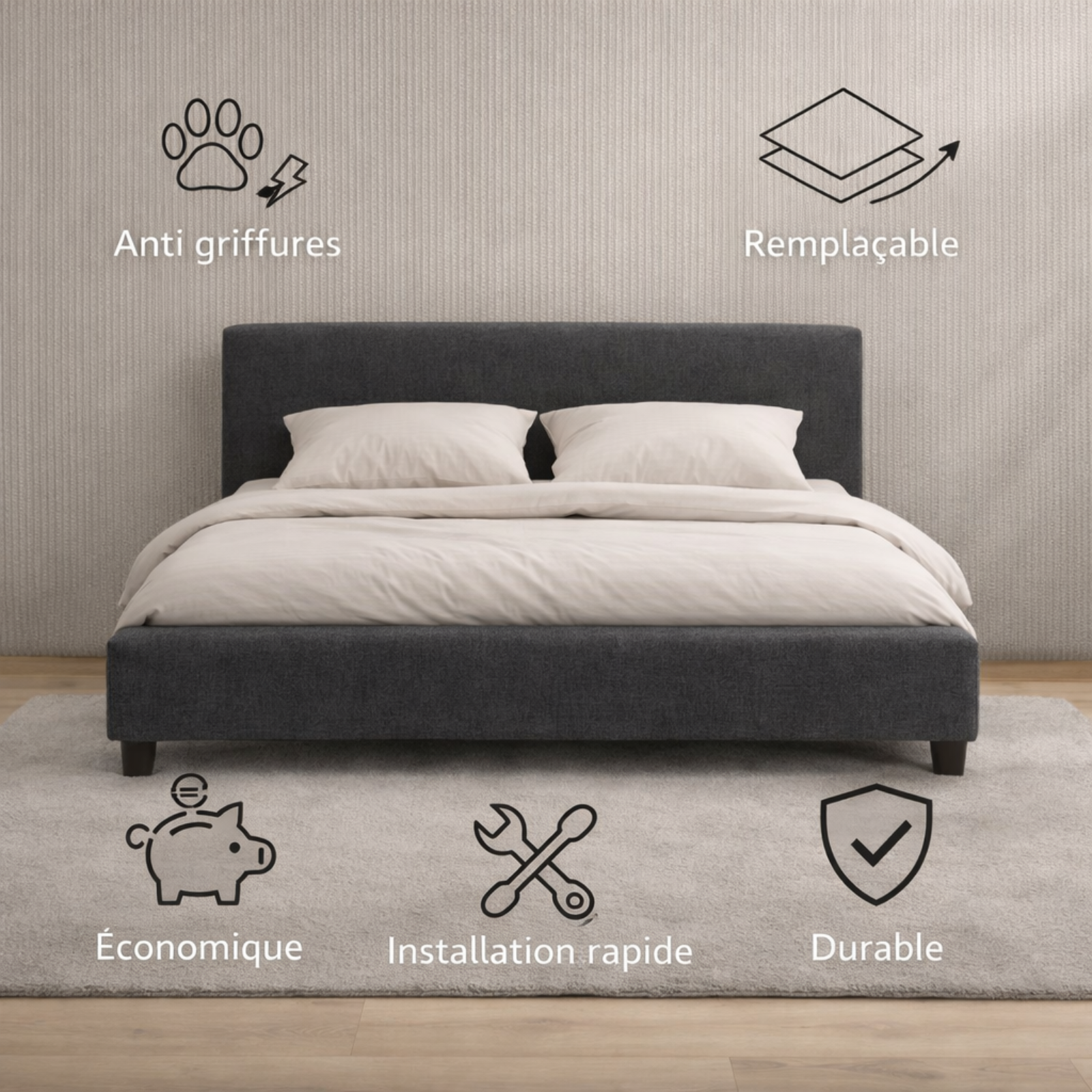 Housse structure lit fixe tissu gris foncé