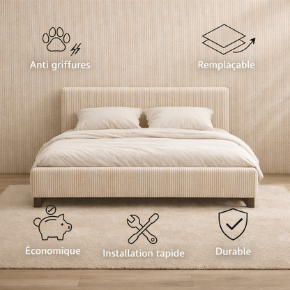 Housse structure lit fixe velours côtelé sable