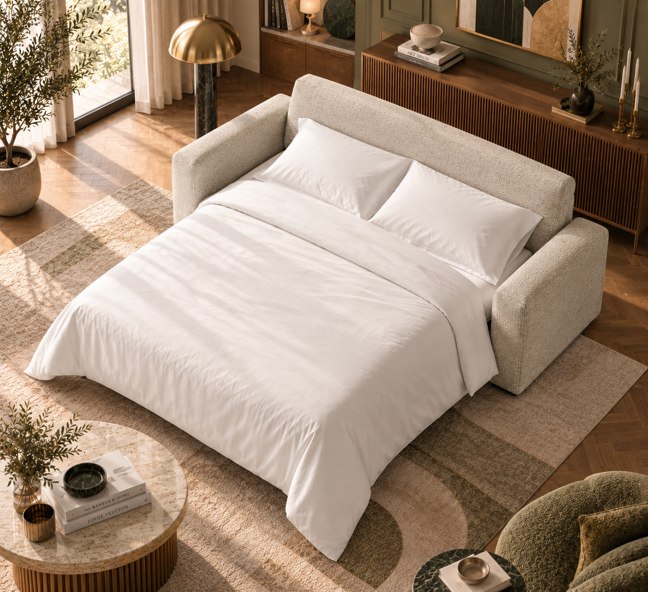 Canapé lit 2 places matelas mémoire de forme beige - Collection canape convertible