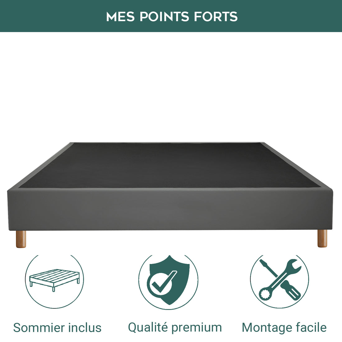 Sommier simili cuir, cadre de lit et pieds bois, maintien bassin - Collection Deco