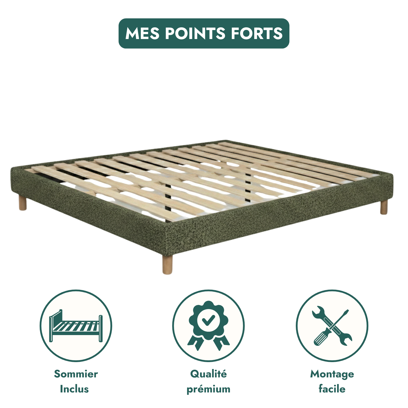 Sommier bouclette, cadre de lit, pieds bois, maintien bassin - Collection Deco