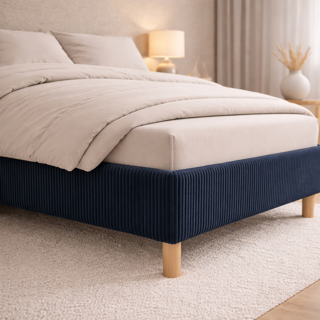 Housse structure lit fixe velours côtelé bleu