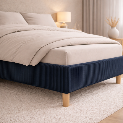 Housse structure lit fixe velours côtelé bleu