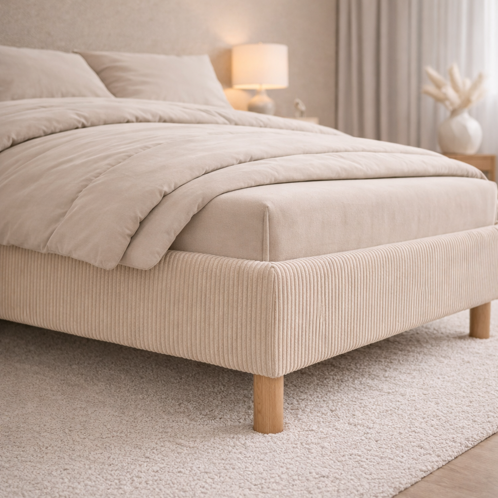 Housse structure lit fixe velours côtelé sable