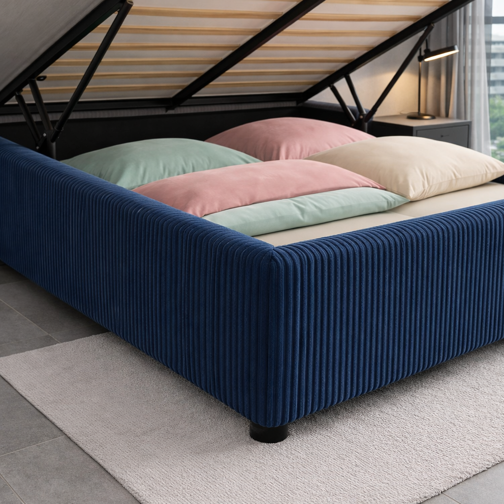 Housse structure lit coffre velours côtelé bleu