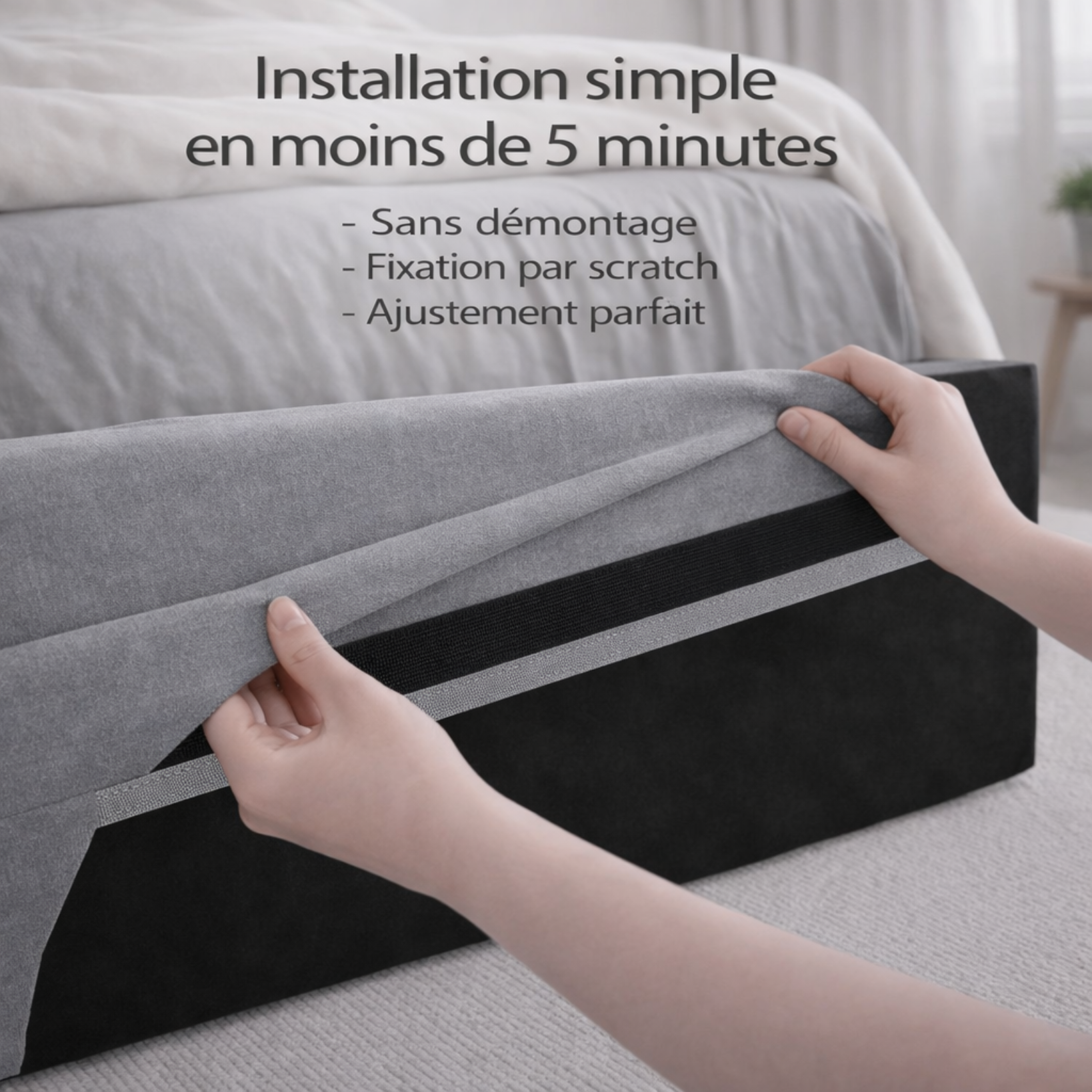 Housse structure lit coffre tissu gris clair