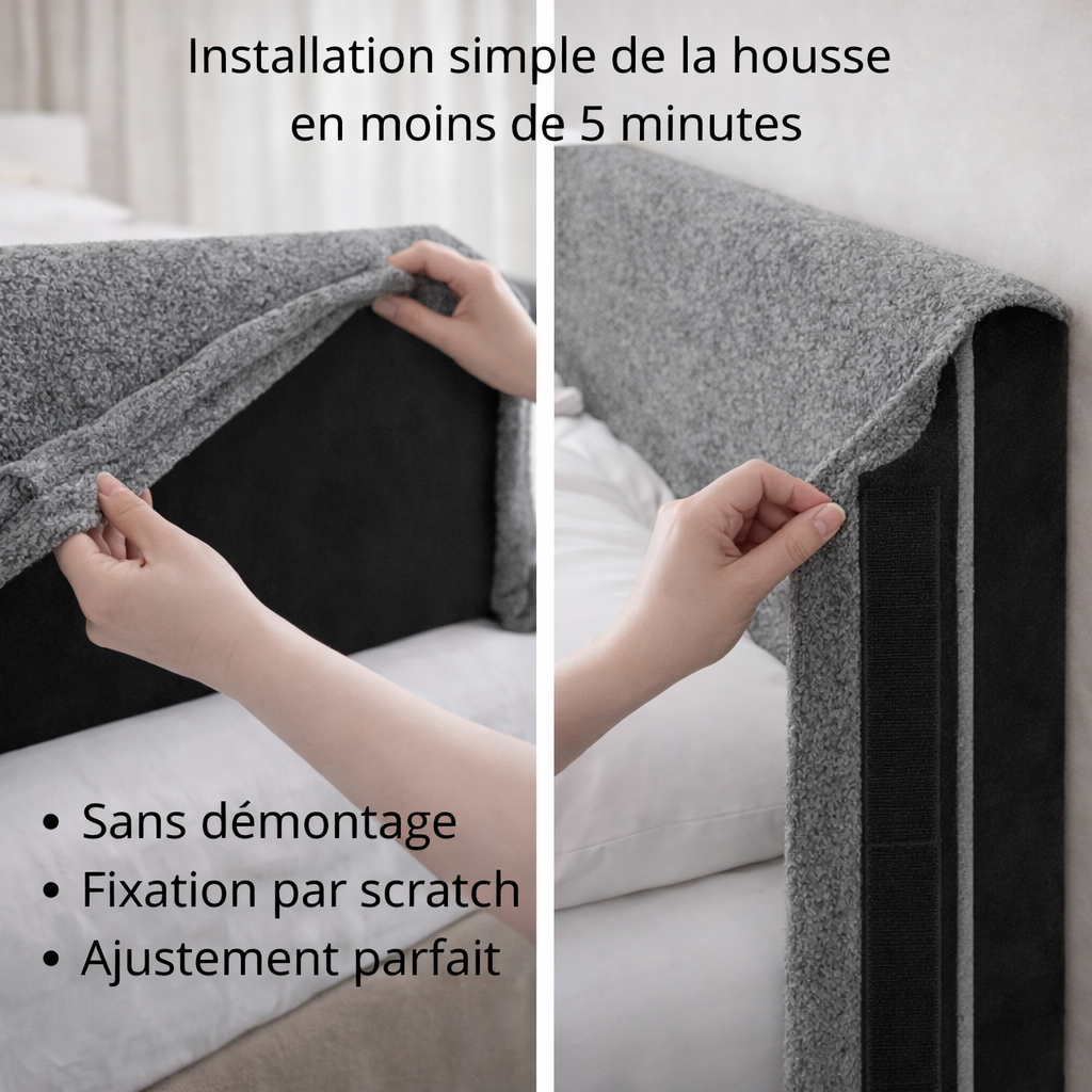 Tête de lit avec housse bouclette grise