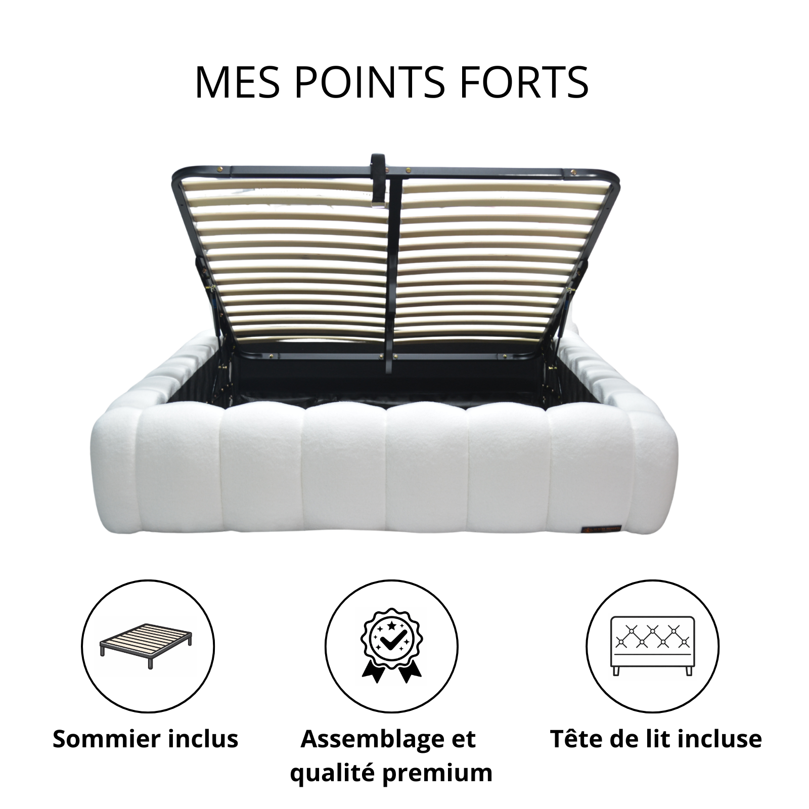 Lit coffre Bubble, tête de lit, grand espace de stockage, bouclette - Collection Bubble