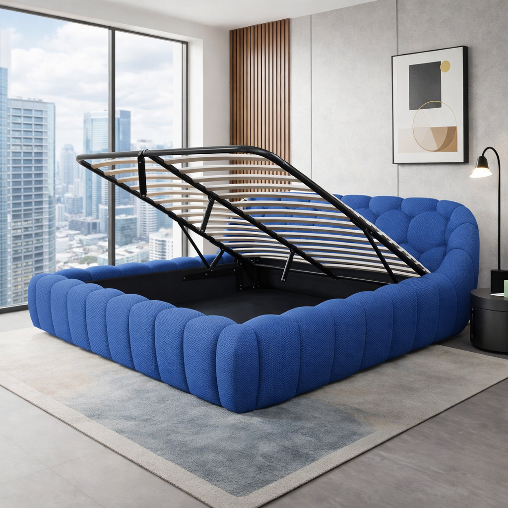 Lit coffre Bubble, tête de lit, grand espace de stockage, tissu 3D - Collection Bubble