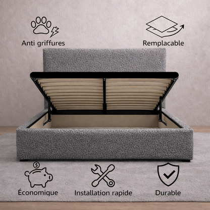 Housse structure lit coffre bouclette gris