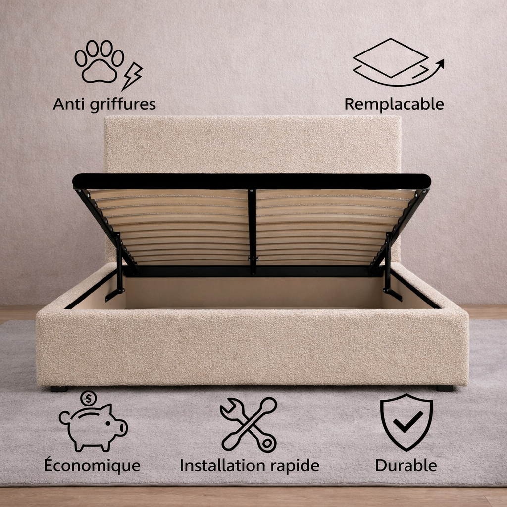 Housse structure lit coffre bouclette sable