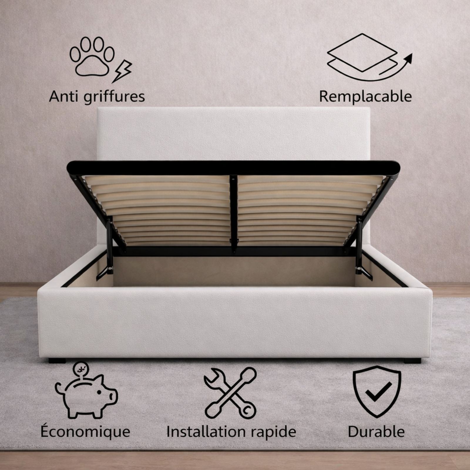 Housse structure lit coffre simili cuir blanc