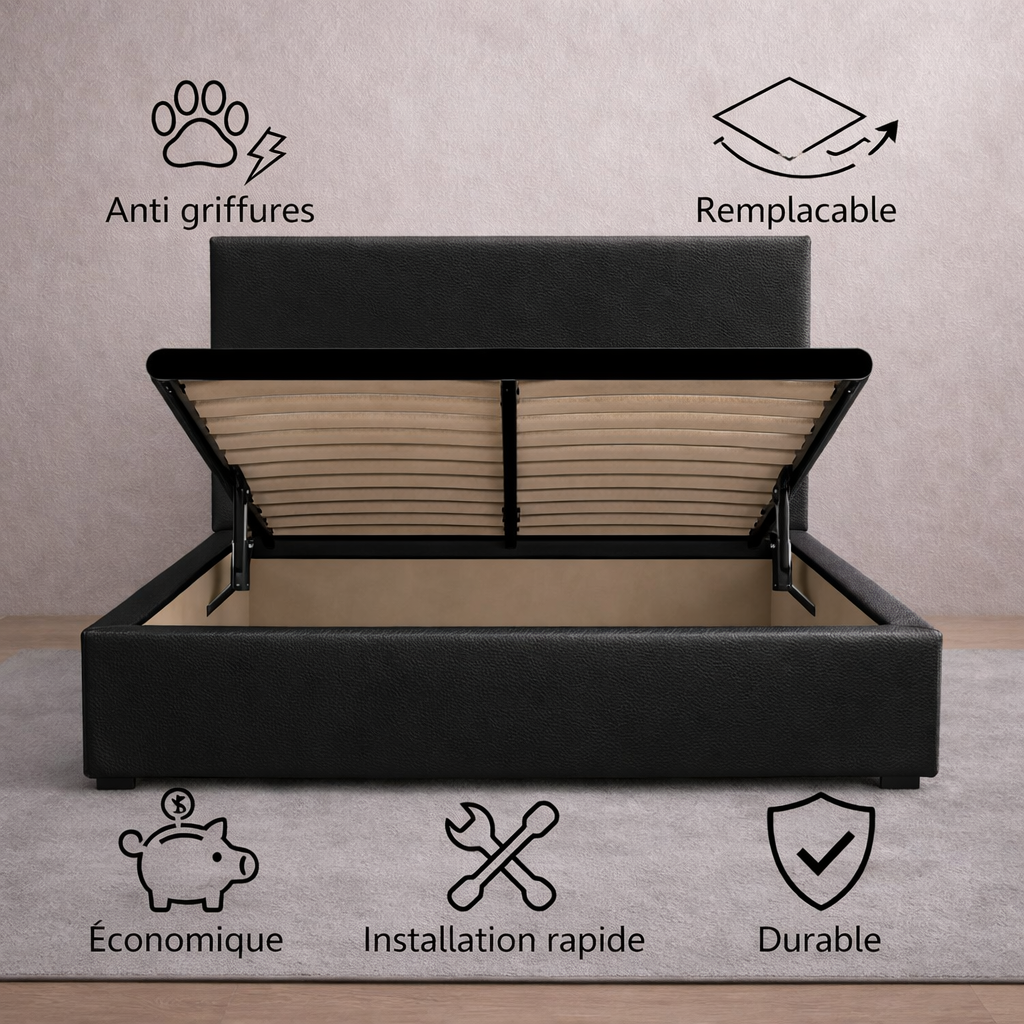 Housse structure lit coffre simili cuir noir