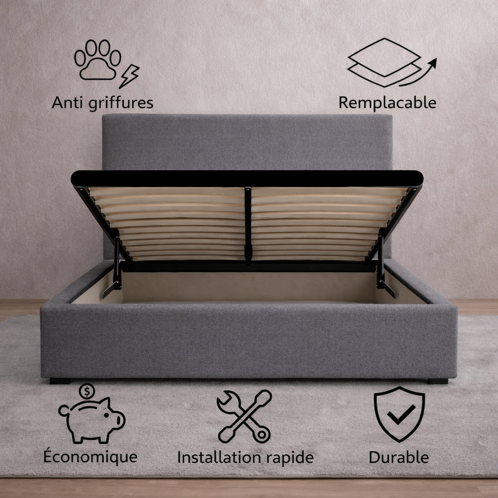 Housse structure lit coffre tissu gris foncé