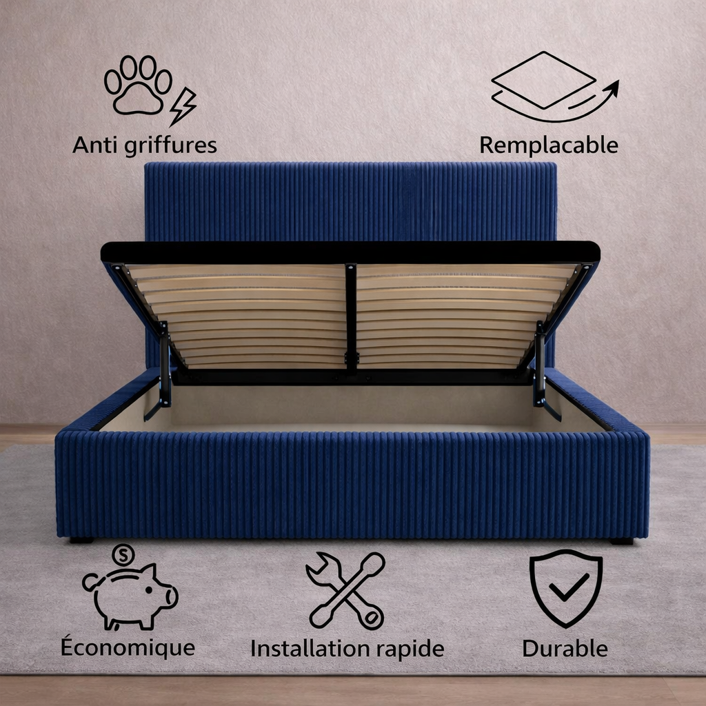 Housse structure lit coffre velours côtelé bleu