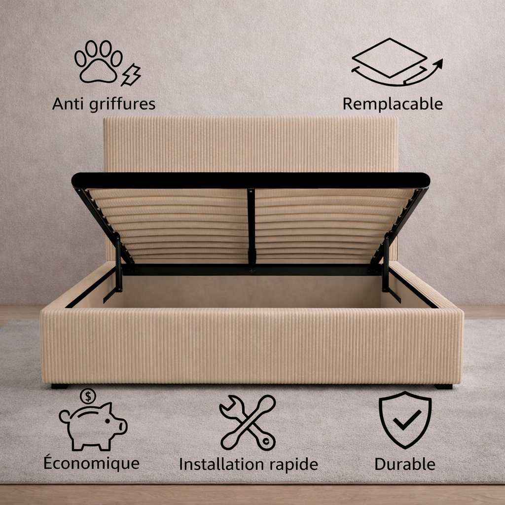 Housse structure lit coffre velours côtelé sable