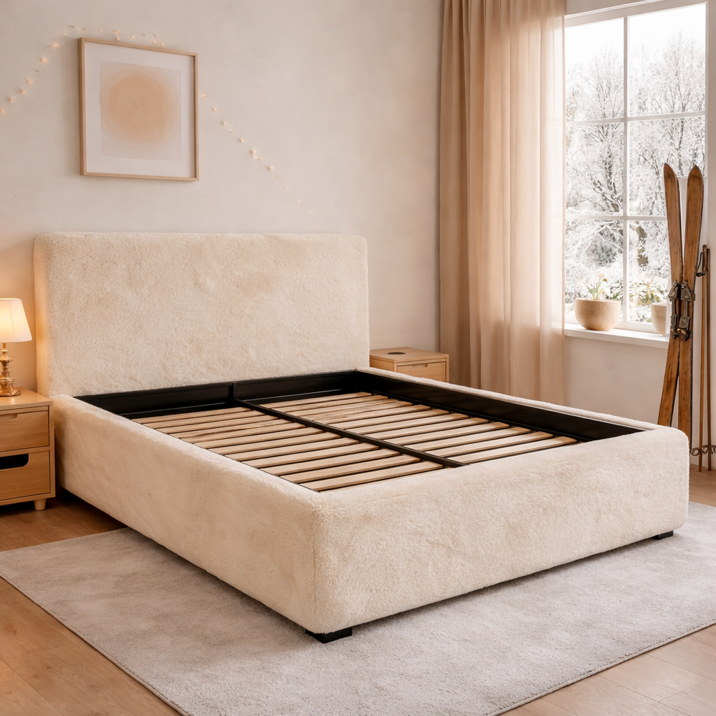 Lit coffre fourrure, tête de lit, grand espace de stockage - Collection Versailles