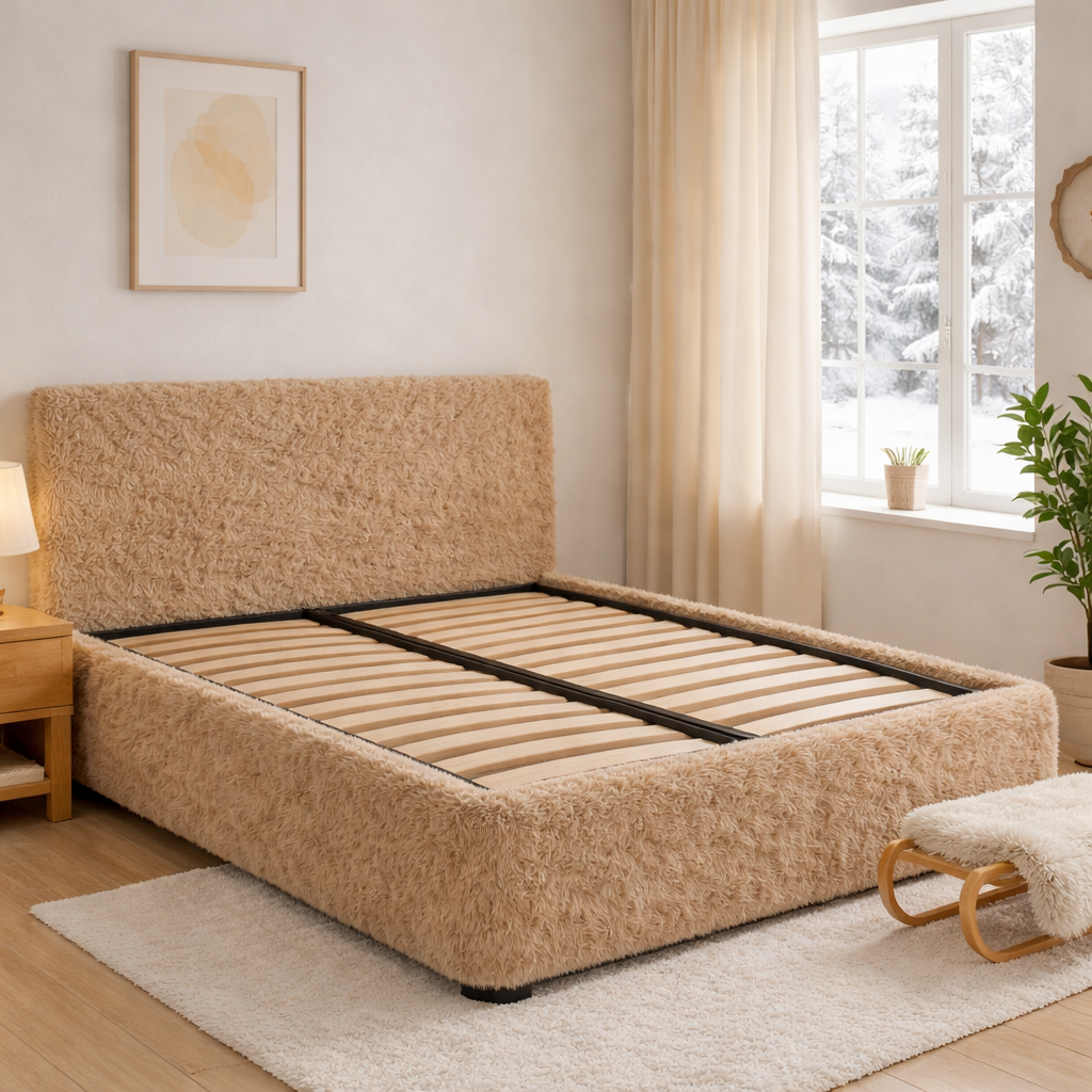 Lit coffre fourrure, tête de lit, grand espace de stockage - Collection Versailles