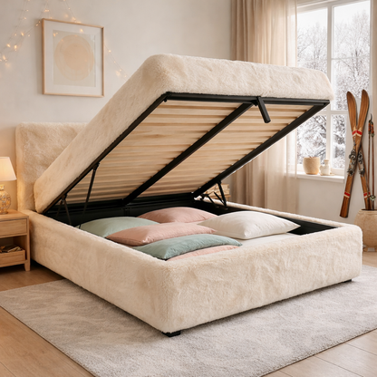 Lit coffre fourrure, tête de lit, grand espace de stockage - Collection Versailles