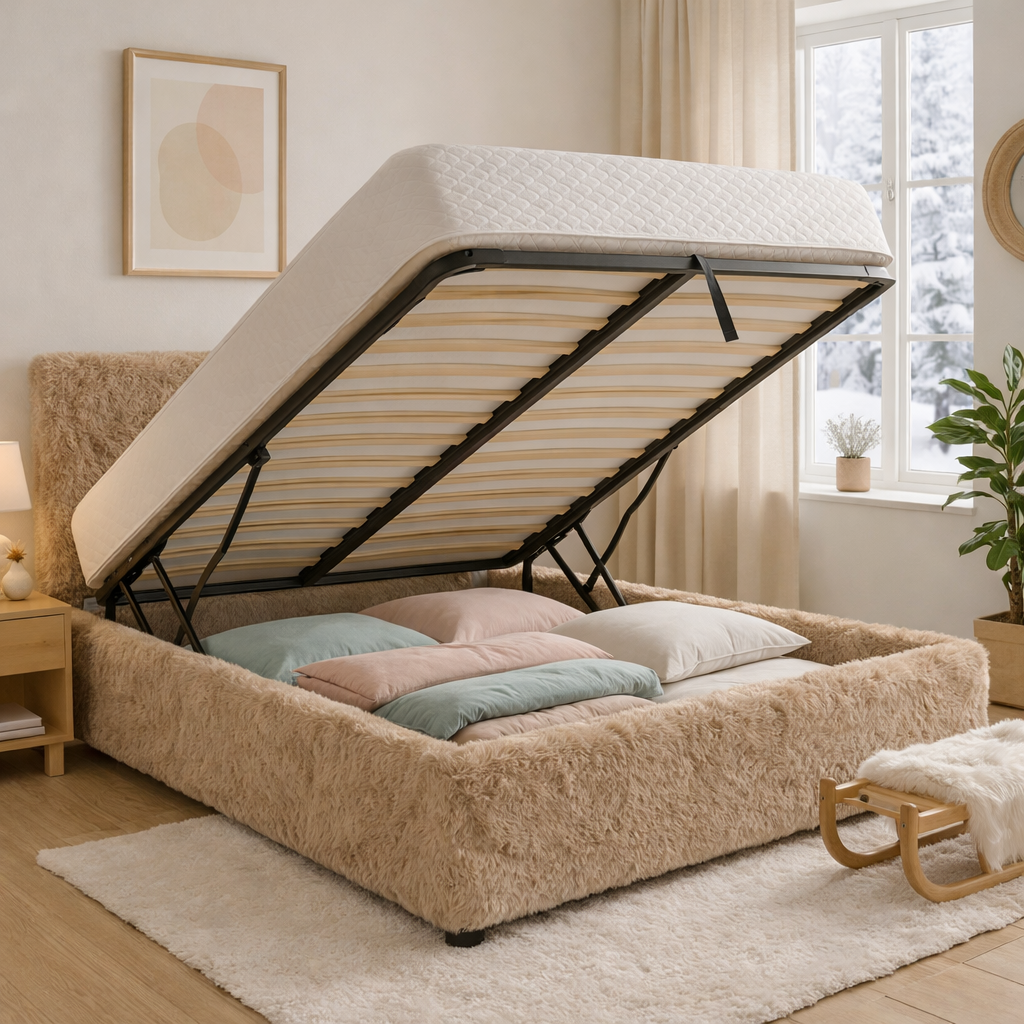 Lit coffre fourrure, tête de lit, grand espace de stockage - Collection Versailles