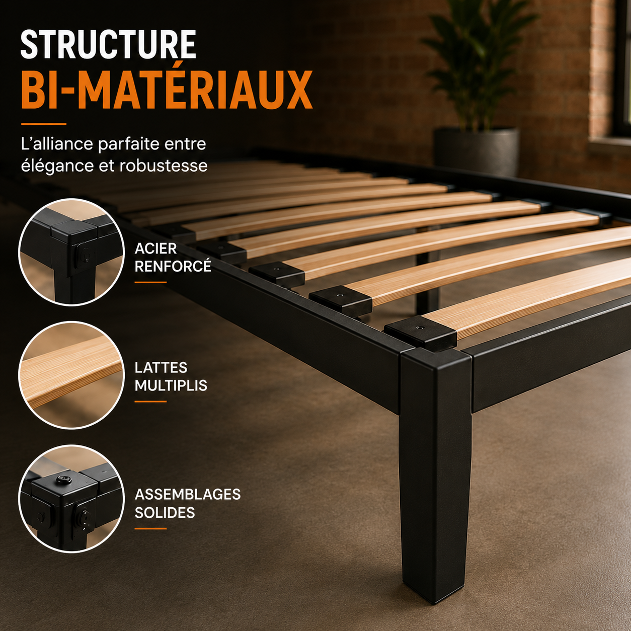 Sommier lit design style industriel, lattes larges, cadre à lattes - Collection Loft