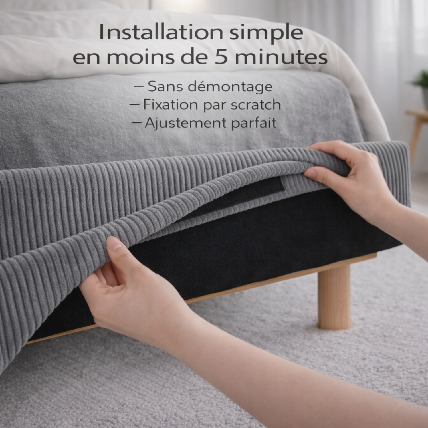 Housse structure lit fixe velours côtelé gris