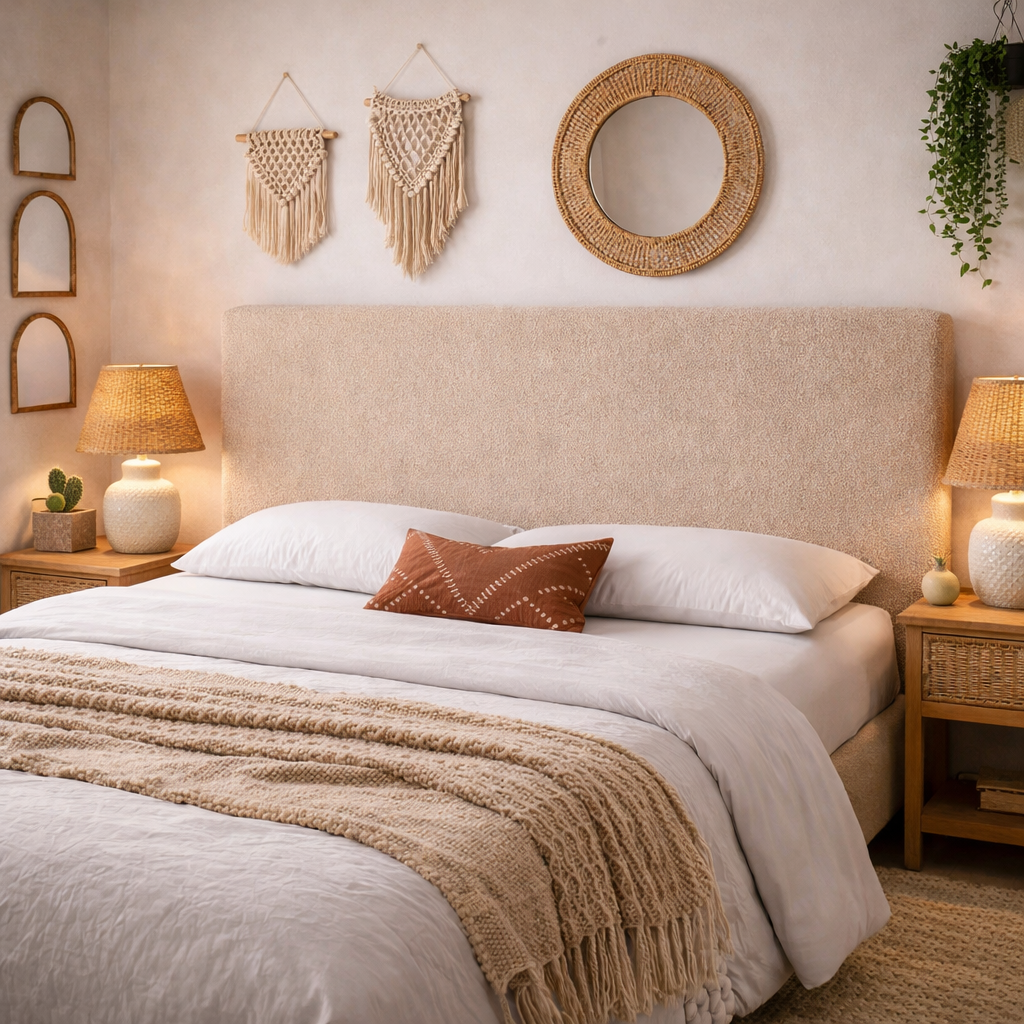 Tête de lit avec housse bouclette sable