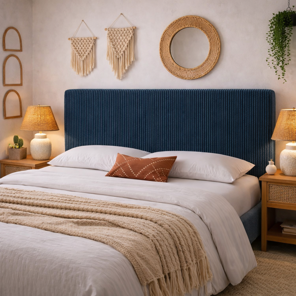 Tête de lit avec housse velours côtelé bleu