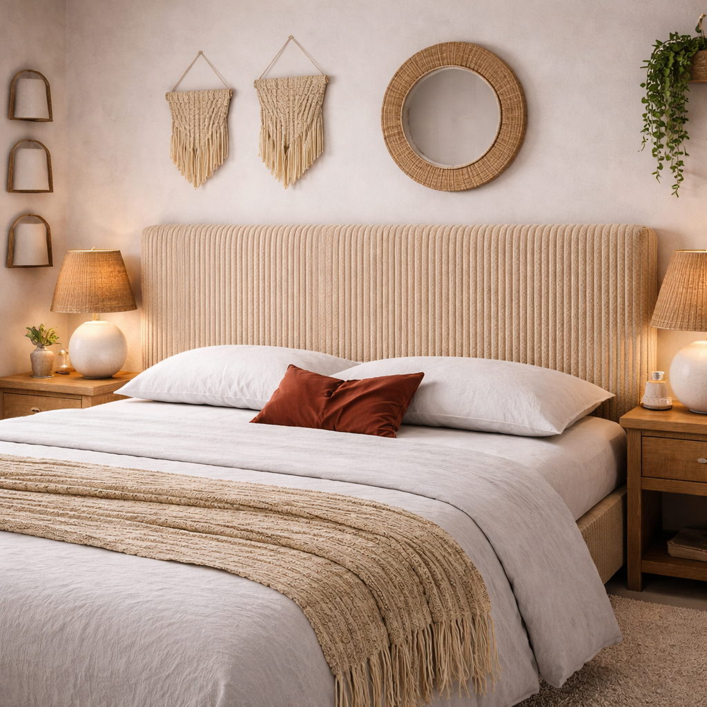 Tête de lit avec housse velours côtelé sable